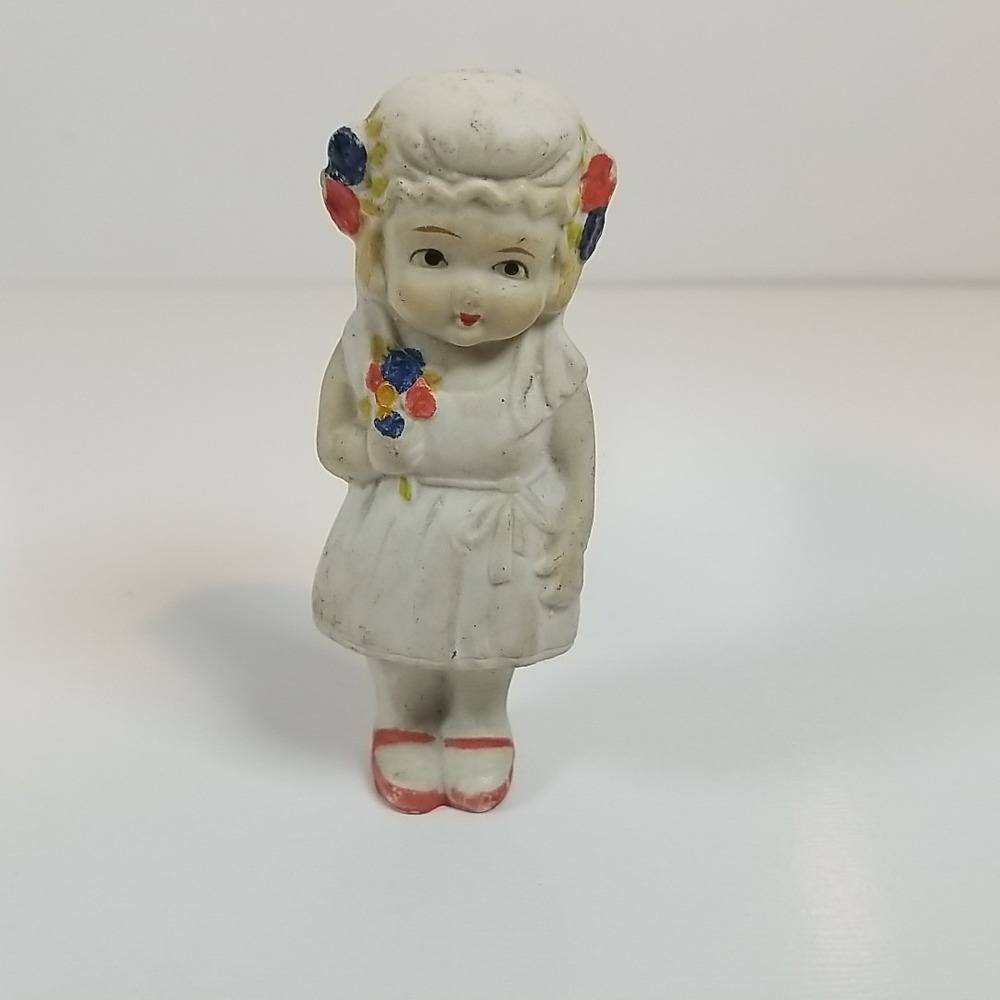 Vintage Bisque Girl Figurine Holding flowers Made in Japan Mini Doll-6in